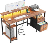 Furologee 61" Computer Desk with Power Outlet & LED Lights, Reversible Gaming Desk with File Cabinet, Rustic Brown