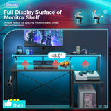 AODK Computer Desk, 48 Inch Gaming Desk with Led Lights & Power Outlet, Office Desk with Storage Shelves, Carbon Fiber Black