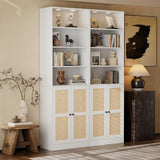 Tall Bookshelf with LED - Rattan Wood Door Design, 7 Tier Bookcase Set of 2, Curio Cabinets with Storage