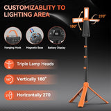 AKOFUN 15000 mAh Rechargeable Camping Light with Stand, Cordless Work Light with 3 LED Lamp Heads, 5500 Lumens Dimmable Camping Essentials Gear Emergency Flashlight with 86" Detachable Tripod, Orange