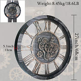 TOPPTIK 27 Inch Moving Gear Wall Clock, Oversized Wall Clocks, Clock Living Room Decor, Solid Wood Frame, Battery Operated, Large Wall Clock with Steampunk Industrial for Fireplace(Gray)