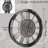 TOPPTIK 30 Inch Industrial Steampunk Wall Clock, Gray, Battery Operated, Real Rotating Gears, Solid Wood Frame, Oversized Wall Clock for Living Room Decor