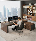 Large Modern Executive Office Desk with Open Storage Shelves, LED Lighting