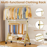 JIEJIERUI Heavy Duty Clothes Rack for Hanging Clothes, Double Rods Clothing Rack with Lockable Wheels, Rolling Garment Racks, Gold