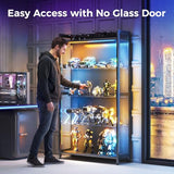AODK Display Case with LED Lights, Display Cabinet with Glass Storage Shelves and Industrial Metal Mesh, 4-Tier Display Shelf for Collectibles, Curio Cabinet with Open Shelf, Black Book Shelf