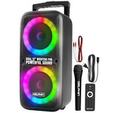 Dolphin Dual 12" Bluetooth Party Speaker - Portable Large Speaker with Wired Microphone, Multicolor LED Lights, USB Playback, Hi-Fi Amplifier, Powerful Bass, 5-Band Equalizer, Long-Lasting Battery