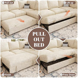 108'' Modular Sectional Sofa with Pull Out Bed, Sleeper Sofa, Beige | U Shaped 7 Seat Sectional Couches for Living Room
