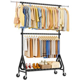 JIEJIERUI Heavy Duty Clothes Rack for Hanging Clothes, Double Rods Clothing Rack with Lockable Wheels, Rolling Garment Racks, Black