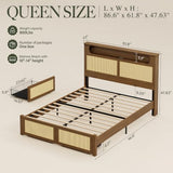 Belffin Queen Size Rattan Bed Frame with 2 Storage Drawers, Wood Bed, Brown