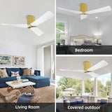 WINGBO 52" Ceiling Fan no Light - Brass and White DC Flush Mount Ceiling Fan, 3 ABS Plastic Curved Blades, 6 Speed Reversible DC Motor, Hugger Ceiling Fans No Light for Kitchen, Bedroom, Living Room