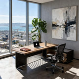 SAINTCY L-Shaped Executive Desk, Industrial Office Desk with Drawer & Cabinet, Large Wood Desktop