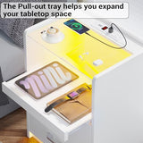 AOGLLATI LED Nightstand Set of 2 with Charging Station, Night Stand with Pull-Out Shelf, 2 Drawers, Bedside Table with LED Lights, Modern End Table with USB Ports Outlets, 2 Pack, White