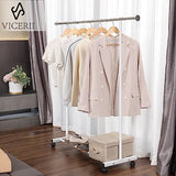VICERII Clothes Rack, 130LB Capacity Heavy Duty Clothing Rack with Wheels and Bottom Shelf, 52.17 Inch Rolling Racks for Hanging Clothes, White
