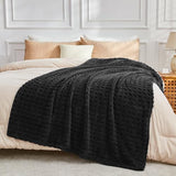 NEWCOSPLAY Super Soft Queen Blanket Black Premium Silky Flannel Fleece 3D Waffle Checkered Lightweight Bed Blanket All Season Use (Black, Queen(90"x90"))