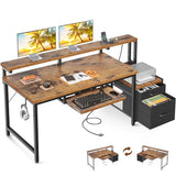 AODK Computer Desk with Drawers, 55" Office Desk with Keyboard Tray and Power Outlet, Reversible Study Work Desk with Printer Space and File Drawers Cabinet for Home Office, Vintage