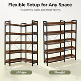 GTPLAYER 5-Tier Corner Bookshelf, L-Shaped Metal Frame Shelf with Tall 14" Shelves, Plant Stand and Storage Rack for Small Spaces, Living Room and Home Office, Brown