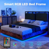 LUCKLIFE Floating Bed Frame Full Size, with Adjustable Headboard and Smart LED Lights, Upholstered Bed Frame with RGB Lights, Modern Metal Bed, Easy Assembly, Under-Bed Storage, Bedroom