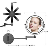 Rocollos Rechargeable Wall Mounted Lighted Makeup Mirror, 8 Inch Double-Sided LED Vanity Mirror 1X/10X Magnification,3 Color Lights Touch Screen Dimmable 360°Swivel 13 Inch Extendable