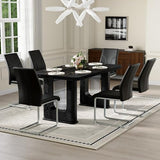 64.5" Dining Room Table Set for 6, 64.5" Modern Black Wood Grain Kitchen Table Set with Tempered Glass Inlay & Dual Pedestal Base