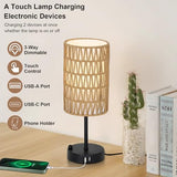 Touch Table Lamp For Bedroom with Bulb, Boho Small Desk Lamp For Living Room With Rattan & Linen Shade