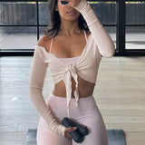 Talakeno Womens Ballet Wrap Tops Cropped Long Sleeve Self Tie Front Shirt Y2K Workout Yoga Pilates Dance Cover Up Blouse(Light-Coffee,M)
