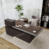 SAINTCY 86" Executive Desk with Drawers - L Shaped Desk with File Cabinet, Black Executive Office Desks with LED Light