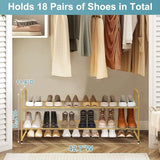 AOODA Long 2 Tier Shoe Rack for Closet Metal Wide Stackable Shoe Storage Organizer for Entryway, Bedroom, Floor, 18-Pairs Low Sneaker Shelf, Golden