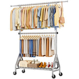 JIEJIERUI Double Rods Clothing Rack, Heavy Duty Clothes Rack for Hanging Clothes Load 560LBS, Metal Rolling Garment Racks with Wheels, Silver