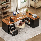 87-Inch Modern Executive Desk with File Cabinet, Large Home Office Desk with Drawers, 3-Drawer Wooden File Cabinet (Brown & Black)