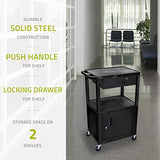 Luxor WT42C2E-B/WTD 42" H AV Cart - 3 Shelves Cab Drawer - Black, 4" Ball Bearing Casters with Two Locking Brake, Multipurpose Storage for Video Projector, TV, Laptop