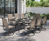 PHI VILLA 9 Pcs Outdoor Dining Set, 82'' Metal Table & Brown Swivel Chairs