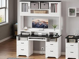 Bestier 77.8" H Computer Desk with Hutch, Charging Station, LED Light,White