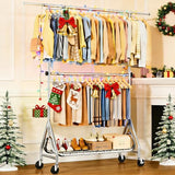 JIEJIERUI Double Rods Clothing Rack, Heavy Duty Clothes Rack for Hanging Clothes Load 560LBS, Metal Rolling Garment Racks with Wheels, Silver