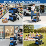 2 Tier Multi Use Foldable Shopping Cart with 2 Storage Crates,Folding Shopping Trolley Utility Cart for Office,Groceries, Warehouse,Supermarket