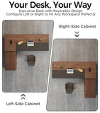 Large Modern Executive Office Desk with Open Storage Shelves, LED Lighting