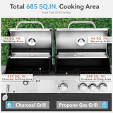 3 Burner Propane Gas and Charcoal Grill Combo with Side Burner & Porcelain-Enameled Cast Iron Grates, 37,000 BTUs 685 SQIN Dual Fuel Outdoor BBQ Grill