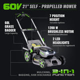 NovorikX 60V Self-Propelled Lawn Mower 21-Inch, Brushless Cordless Mower for Large Yards, Electric with LED Headlight, 5.0Ah Battery & Rapid Charger