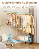 JIEJIERUI Heavy Duty Clothing Rack, Metal Clothes Rack Load 450 LBS, Rolling Coat Racks for Hanging Clothes with Lockable Wheels, Sky Blue