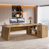 78" L Shaped Desk with Drawers, Large Executive Office Desk with File Cabinet and Shelves, Brown