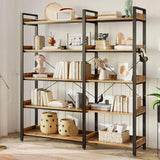 Rolanstar Bookshelf 5 Tier with 4 Hooks, Reversible Corner Bookshelf, 65" Industrial Wooden Bookcase, Rustic Brown