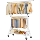 JIEJIERUI Double Rods Clothing Rack, Heavy Duty Clothes Rack for Hanging Clothes Load 560LBS, Metal Rolling Garment Racks with Wheels, White
