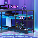 YOMILUVE L Shaped Gaming Desk with Drawers & Storage Shelves, Corner Gaming Desk with Power Outlets & LED Light, Reversible Computer Desk with Monitor Stand & Hooks, Carbon Fiber Black