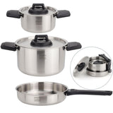 Stainless Steel Camping Kitchen Cookware Set - Frying Pan With Detachable Handle - Nesting Pots for Backpacking, Camp, and RV Cooking - 6 Piece Mess Kit - 1.5L Frypan, 1.5L Small Pot & 3.5L Medium Pot