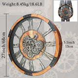 TOPPTIK 27 Inch Moving Gear Wall Clock, Oversized Wall Clocks, Clock Living Room Decor, Solid Wood Frame, Battery Operated, Large Wall Clock with Steampunk Industrial for Fireplace(Brown)