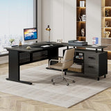 Large Computer Desk with File Cabinet, 63 Inch Executive Desk L Shaped Office Desk with Drawers and Storage Shelves