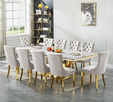 94.5" Large Marble Dining Table Set for 10, Luxury White Gold Kitchen Table with 10 Beige Velvet Dining Chairs