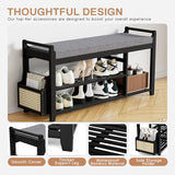 Homaxy 2-Tier Shoe Rack Bench with Side Holder, 39.4 in Bamboo Entryway Bench, Shoe Rack Organizer with Cushion for Front Entrance, Hallway Living Room Bedroom, Black and Dark Grey