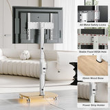 AOKCOS Rolling TV Stand with LED Lights for 43-75 Inch TV, 8-Height Adjustable Mobile TV Stand with 12° Tilt, Wooden Base Floor TV Mounts, Max Load 110lbs, VESA 100x100mm to 600x400mm, White