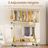 JIEJIERUI Heavy Duty Clothes Rack for Hanging Clothes, Double Rods Clothing Rack with Lockable Wheels, Rolling Garment Racks, Gold
