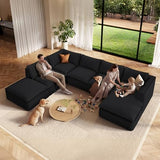 Vesgantti 7 Seater Plush Corduroy Boneless Couch, 141.7" Large Sofa, Black